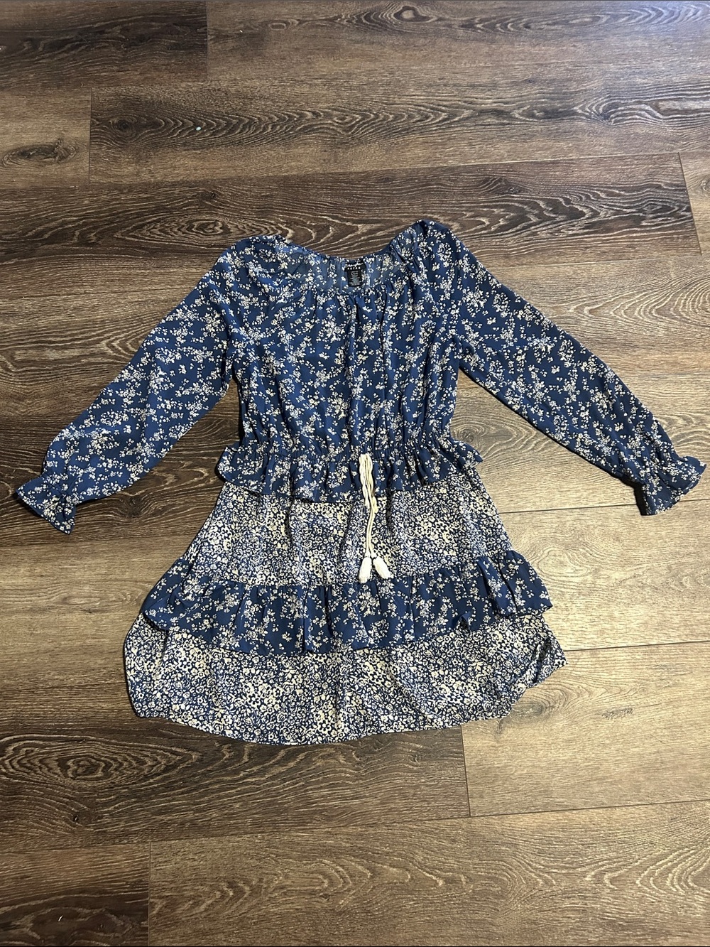 Wrangler Retro Navy Blue Floral Tiered Long-Sleeve Dress Large